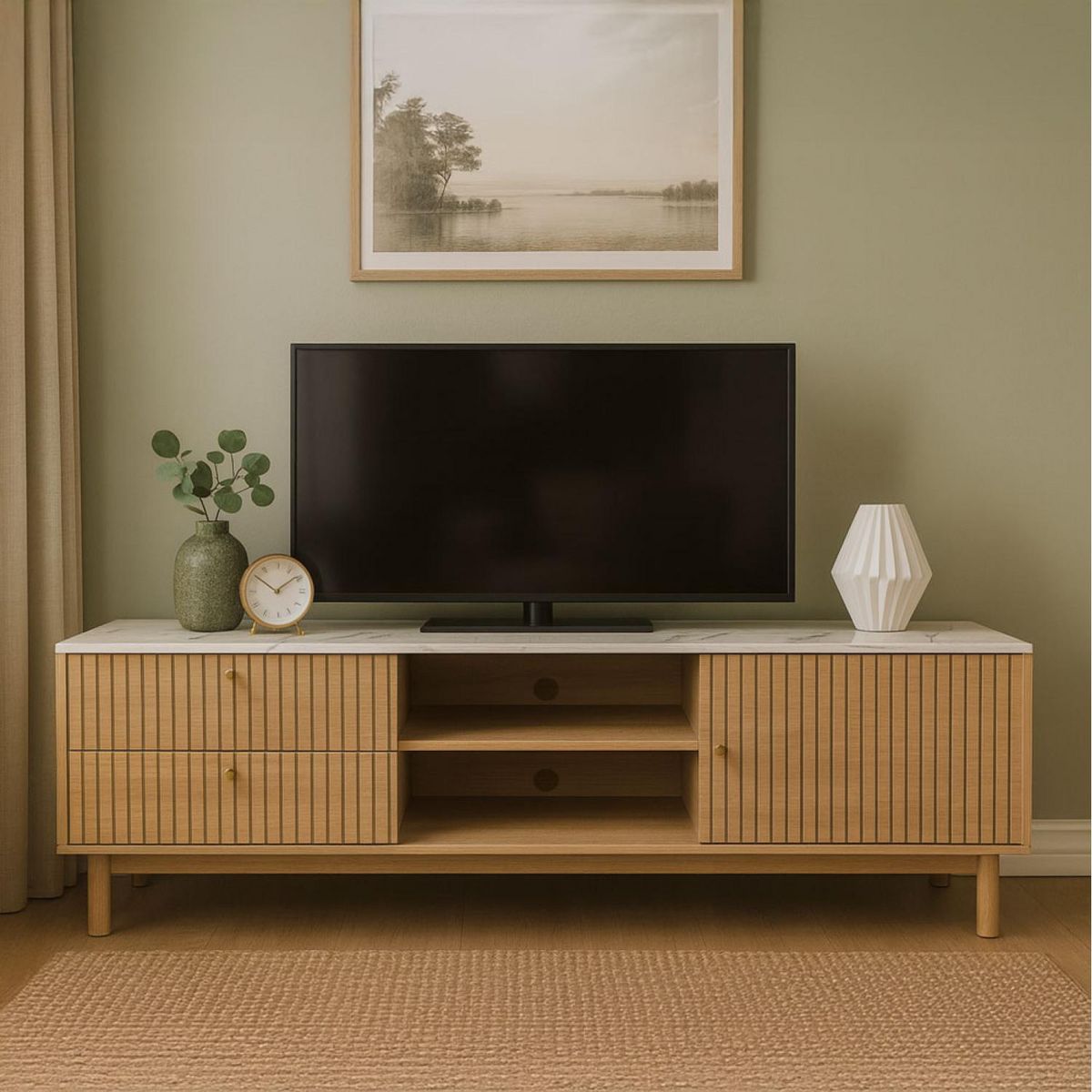 CONCEPT USINE Meuble TV aspect bois rainuré et marbre avec tiroirs et placard 150cm TRIX