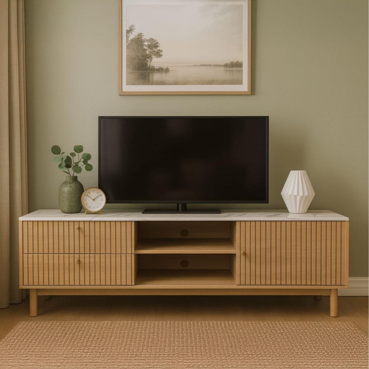 CONCEPT USINE Meuble TV aspect bois rainuré et marbre avec tiroirs et placard 150cm TRIX