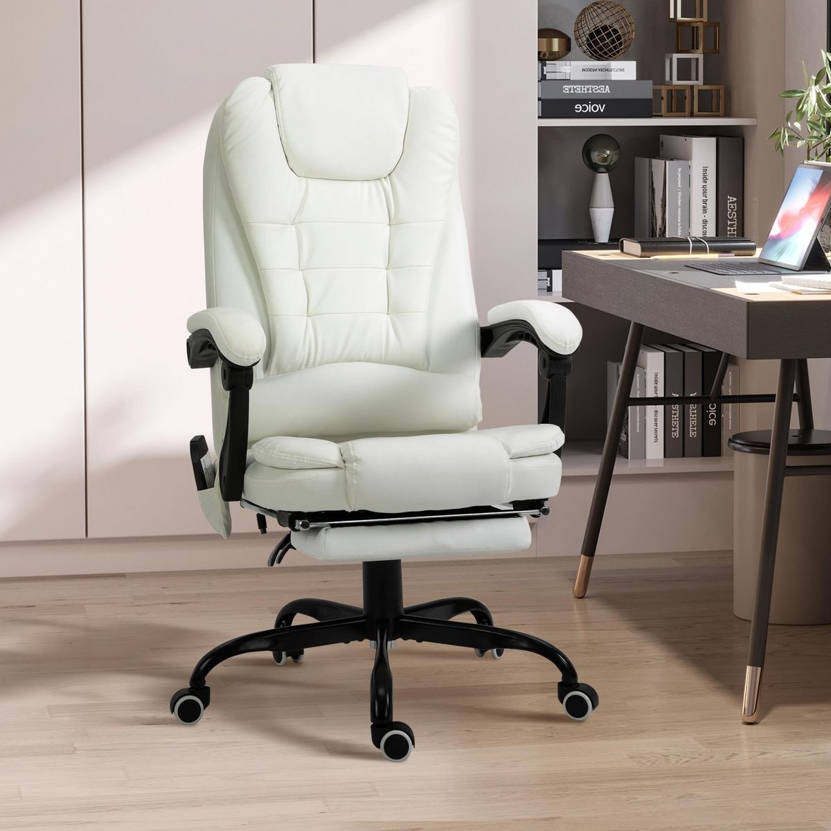 VINSETTO Vinsetto Fauteuil de bureau direction massant hauteur réglable dossier inclinable repose-pied + coussin lombaires intégrés revêtement synthétique blanc