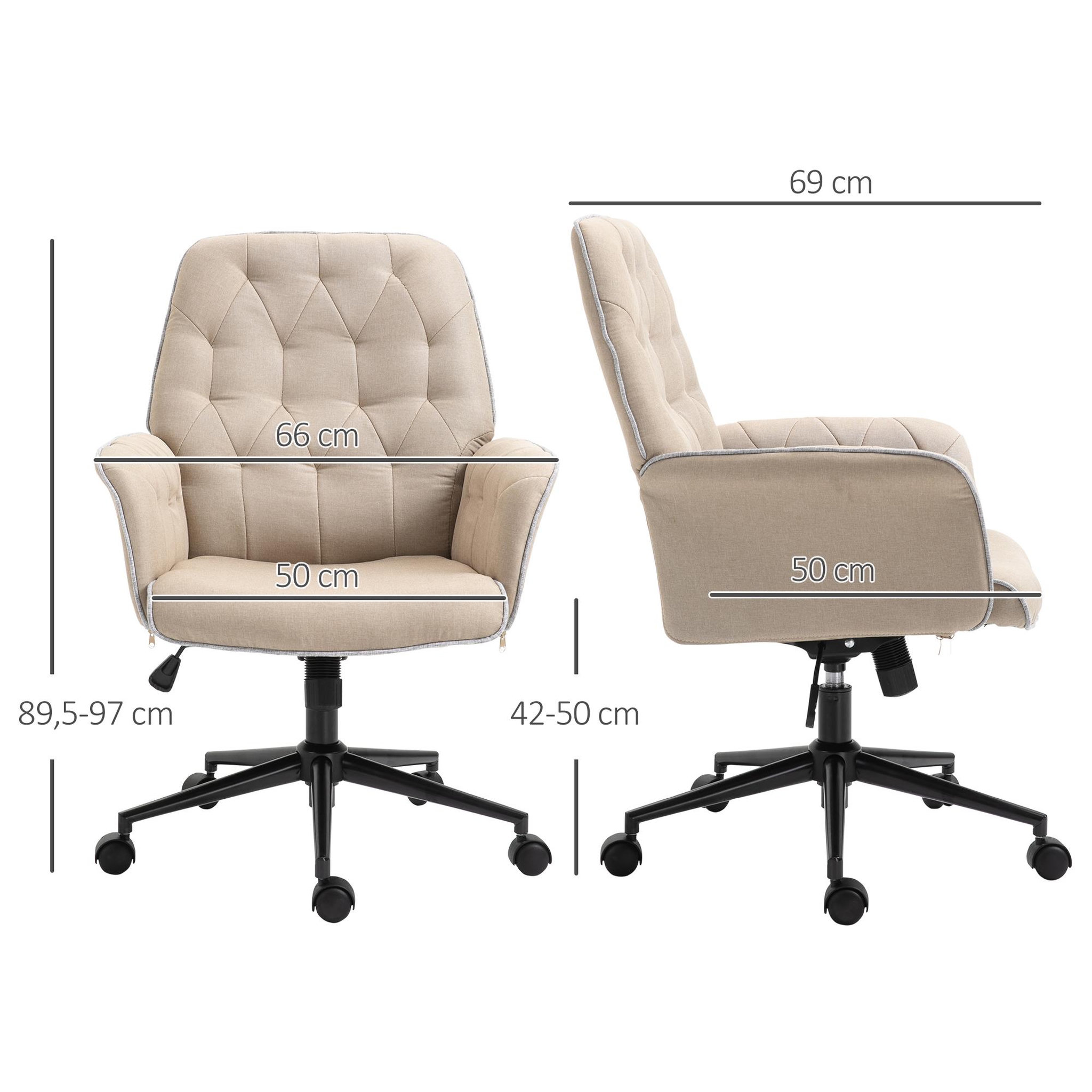 Voir la diapositive 3 : HOMCOM Fauteuil de bureau chaise de bureau hauteur réglable roulettes pivotant 360° tissu chanvre 69L x 66l x 89,5-97H cm beige