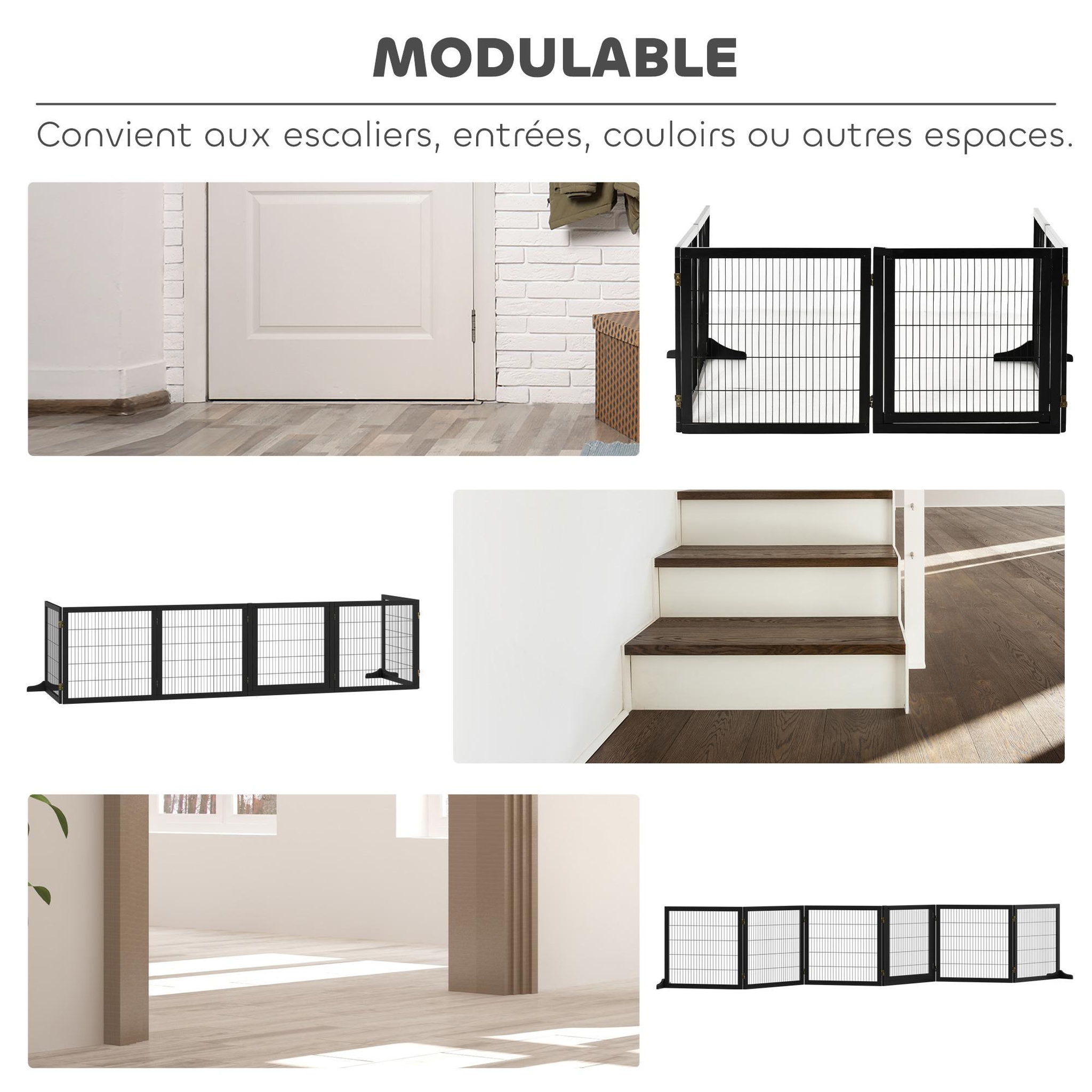 Voir la diapositive 5 : PAWHUT Barrière de sécurité parc enclos chien modulable pliable porte verrouillable intégrée 5 panneaux grillage acier noir bois de pin noir