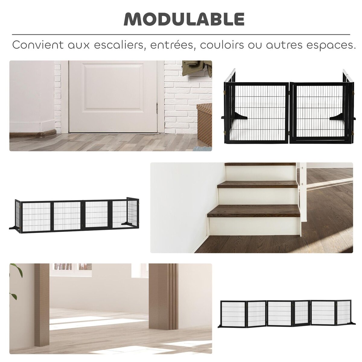 PAWHUT Barrière de sécurité parc enclos chien modulable pliable porte verrouillable intégrée 5 panneaux grillage acier noir bois de pin noir