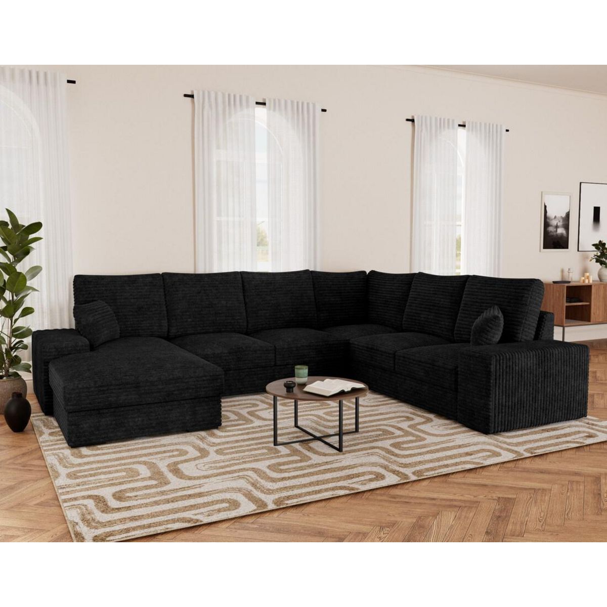 BEST MOBILIER Lorie - canapé panoramique d'angle droit 7 places convertible en velours côtelé grosse côte avec coffre