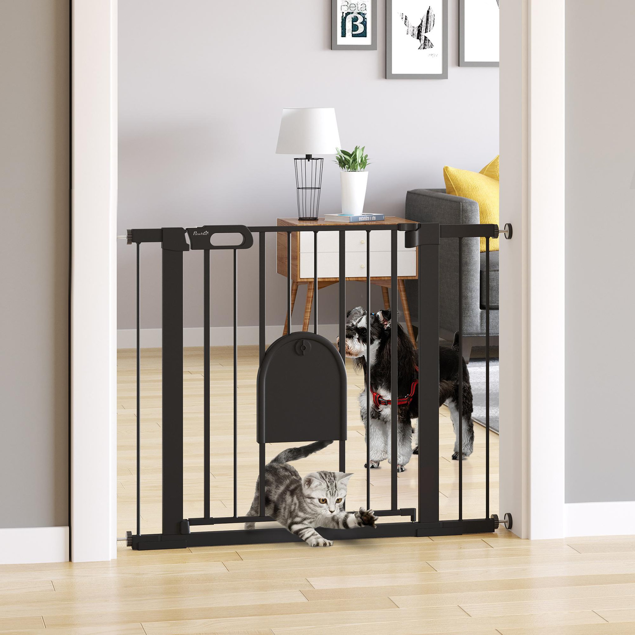 Voir la diapositive 4 : PAWHUT Barrière de sécurité chien h.76 cm - porte verrouillable - fixation par pression 75-103 cm - acier abs noir