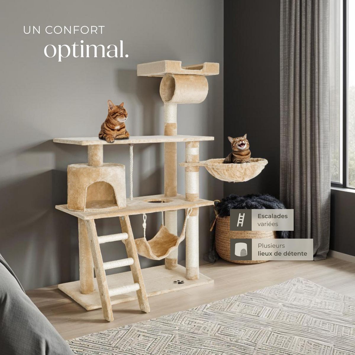 tectake Arbre à chat 141 cm avec griffoir et plateforme d'escalade beige