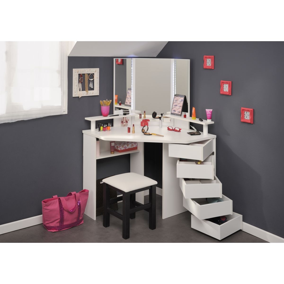 Ensemble coiffeuse d'angle GIRLY + tabouret SIT