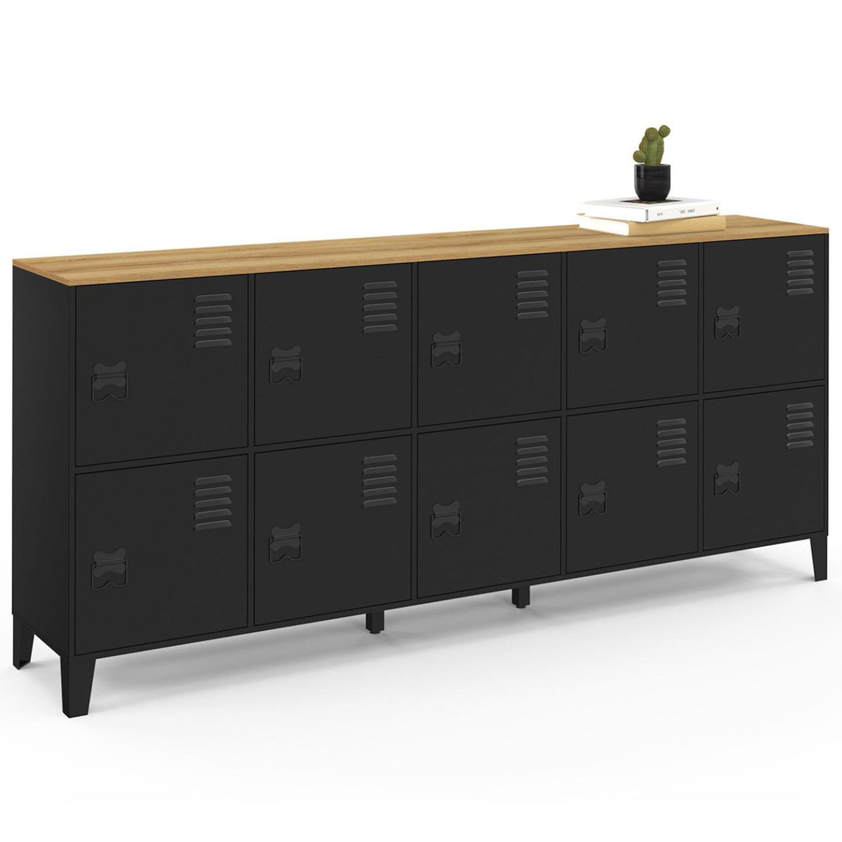 ID MARKET Buffet casier 180 cm ESTER 10 portes en métal noir plateau bois design industriel