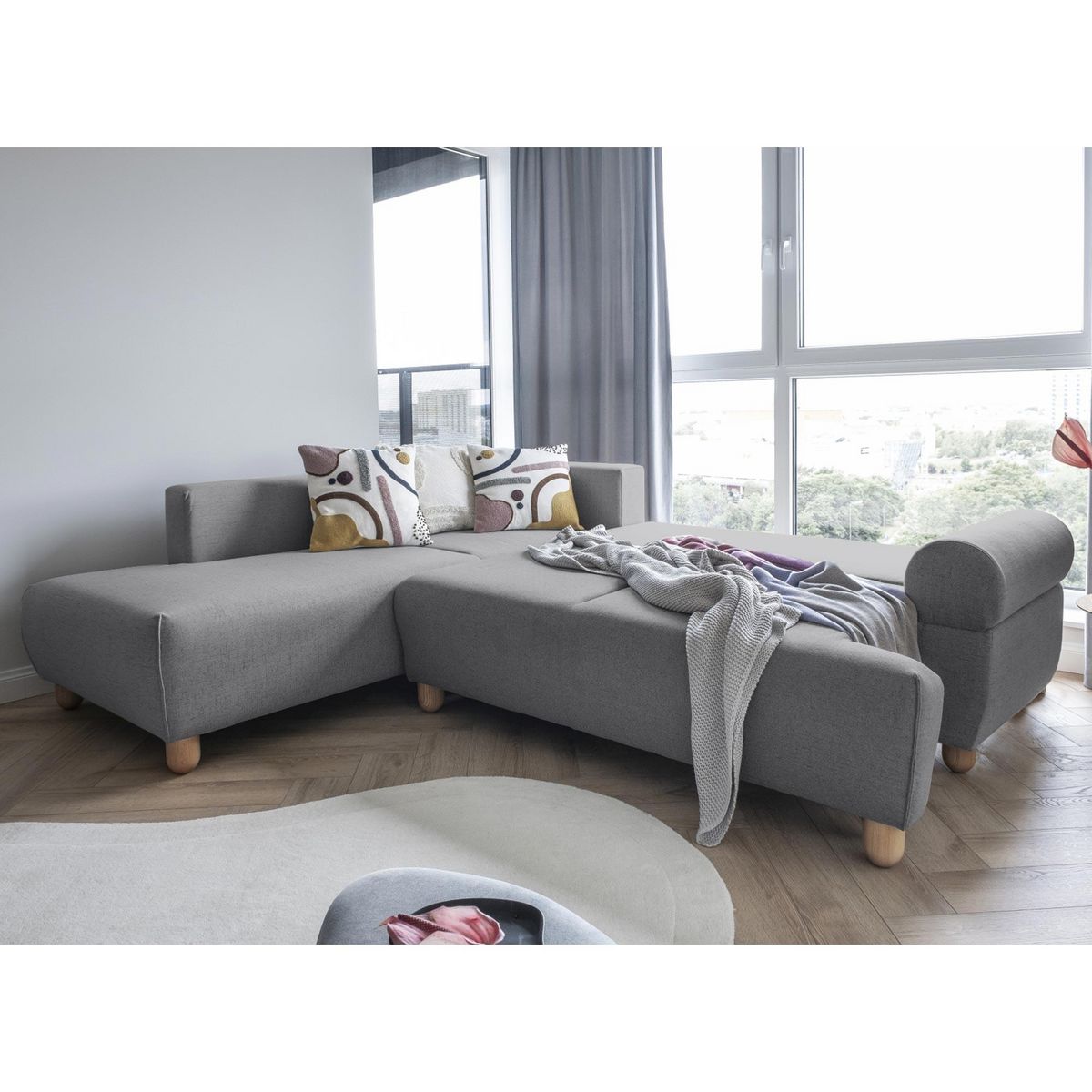 BEST MOBILIER Olli - canapé d'angle droit - convertible - avec coffre - 4 places - en tissu