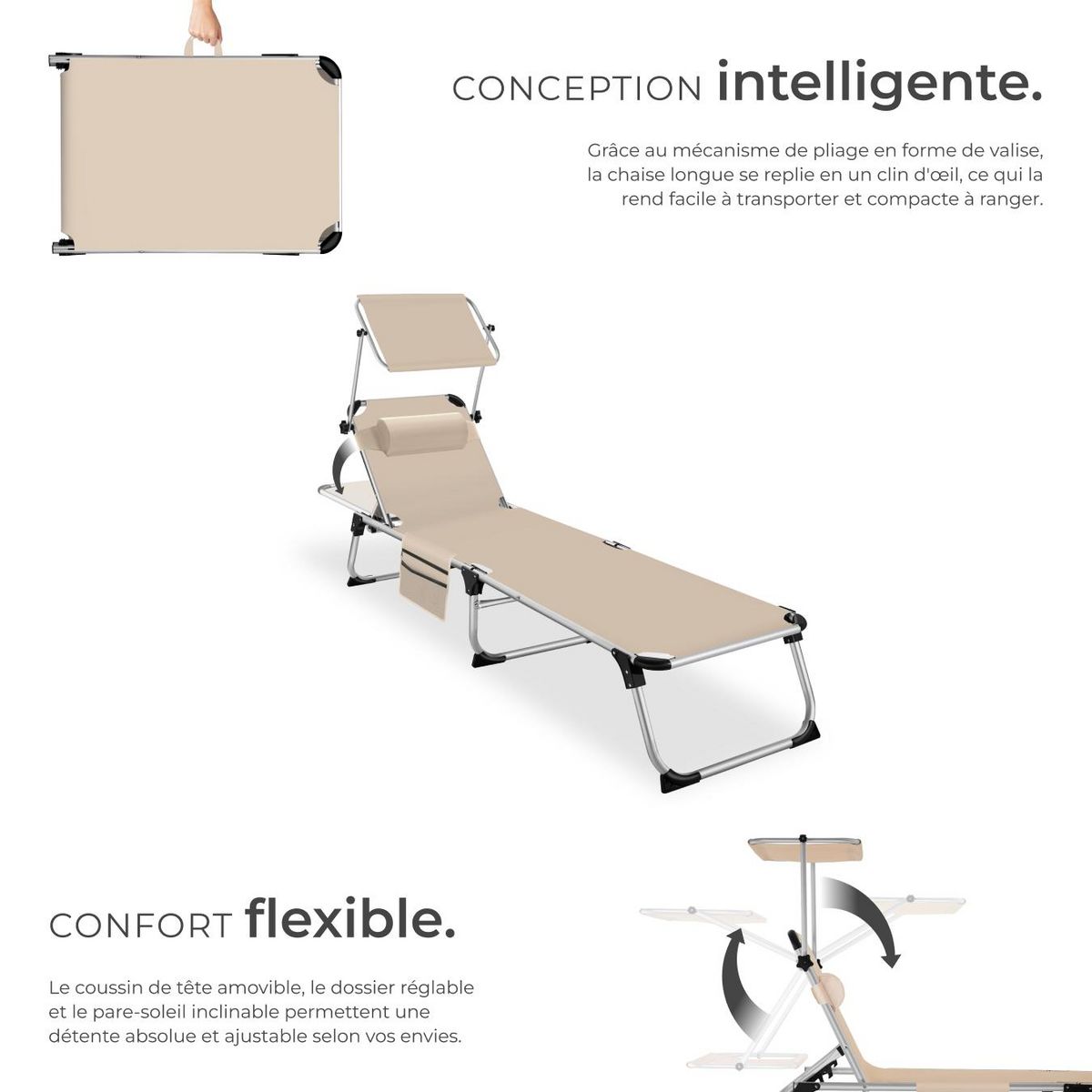 tectake Bain de soleil pliable avec oreiller beige