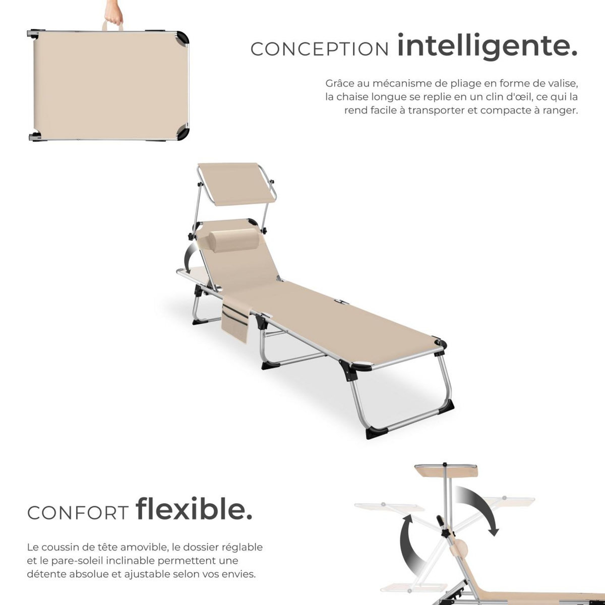 tectake Bain de soleil pliable avec oreiller beige