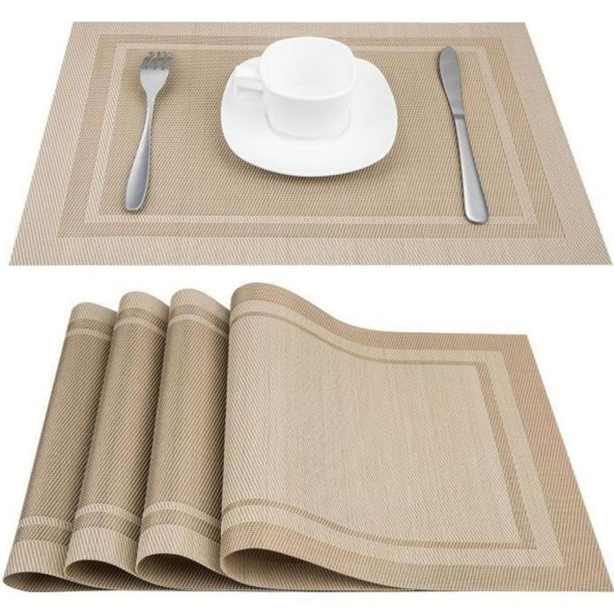 Set de 6 dessous de table rectangulaires en PVC vinyle beige, effet marbre/bois, 45 x 30 cm, recto-verso, antidérapants, lavables et résistants à la chaleur