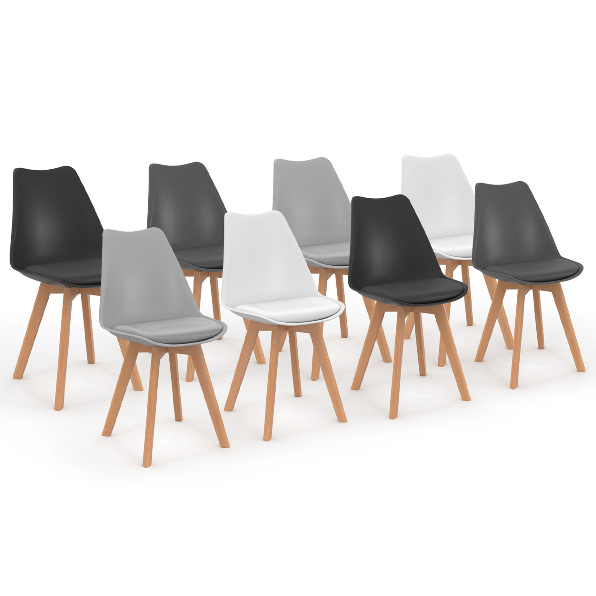 ID MARKET Lot de 8 chaises scandinaves sara mix color blanc x2, gris clair x2, gris foncé x2, noir x2