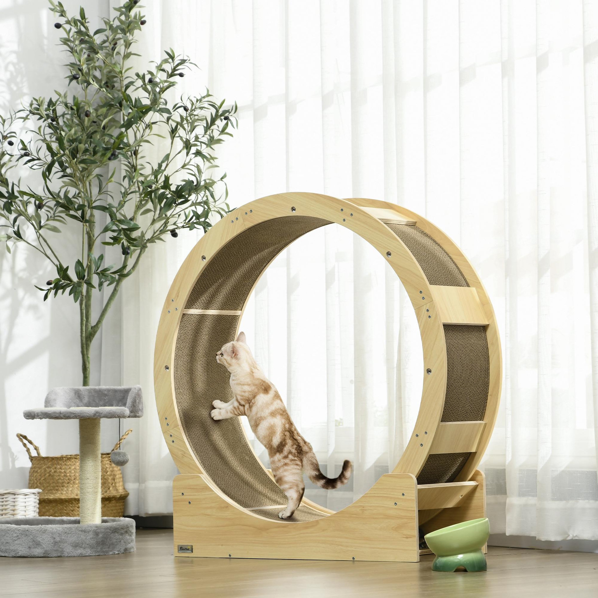 Voir la diapositive 2 : PAWHUT Roue d'exercice pour chat - frein, grattoirs - dim. 91l x 33,5p x 94h cm - aspect bois naturel