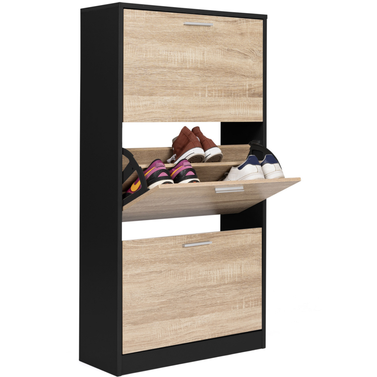 ID MARKET Meuble à chaussures 18 paires KLARK noir 3 portes imitation hêtre