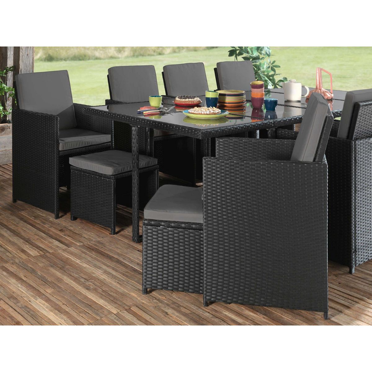 BEST MOBILIER Fira - salon de jardin encastrable 12 places - en résine tressée - noir avec coussins gris + housse de protection