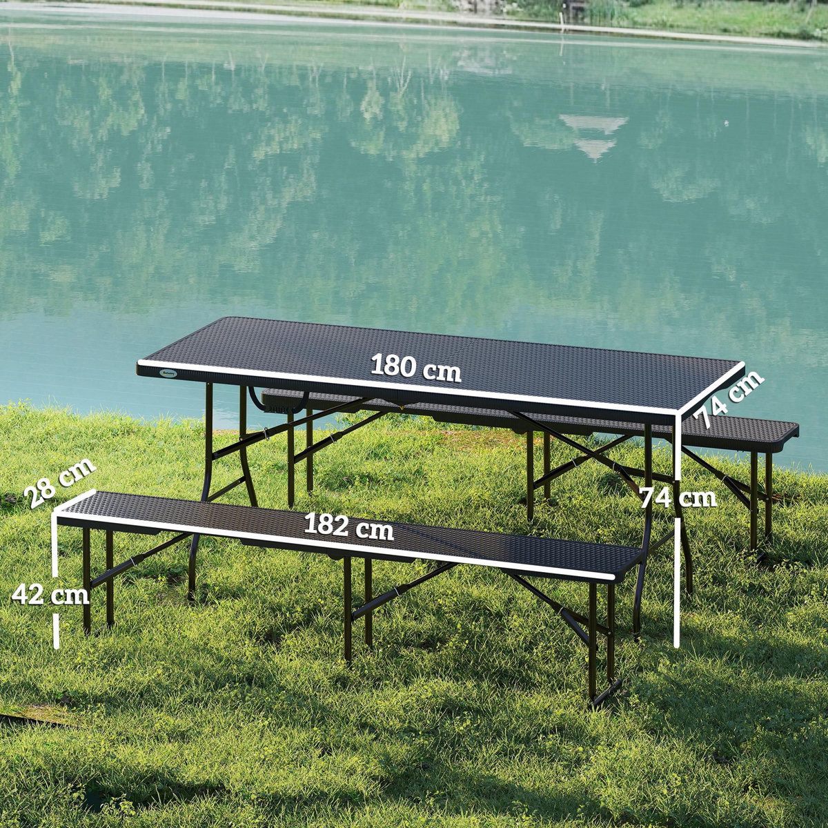 OUTSUNNY Ensemble table 2 bancs pliables avec poignées - usage pique-nique camping - métal époxy HDPE effet rotin noir