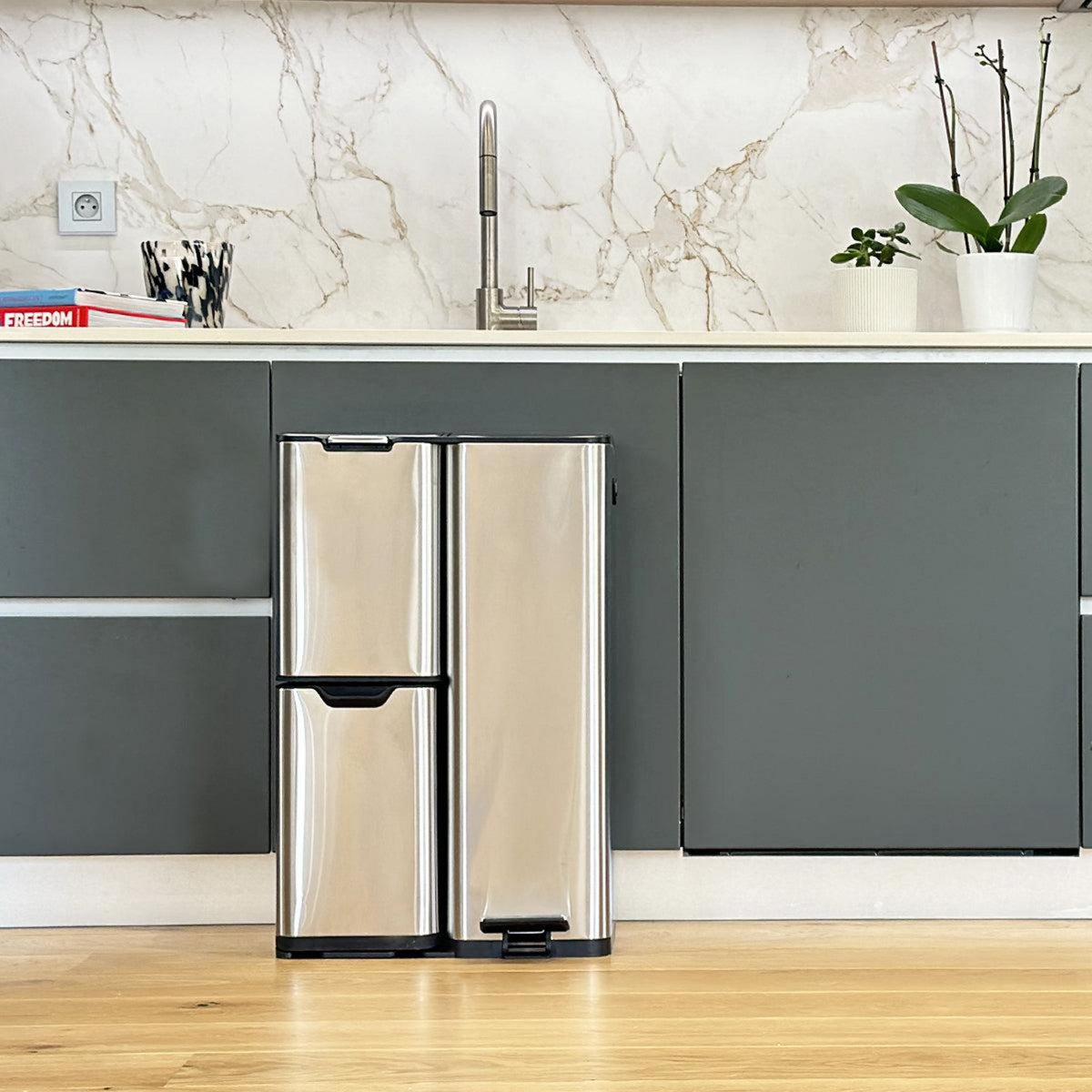 Kitchen move Poubelle de cuisine tri sélectif HAJA Argent Acier inoxydable 60L