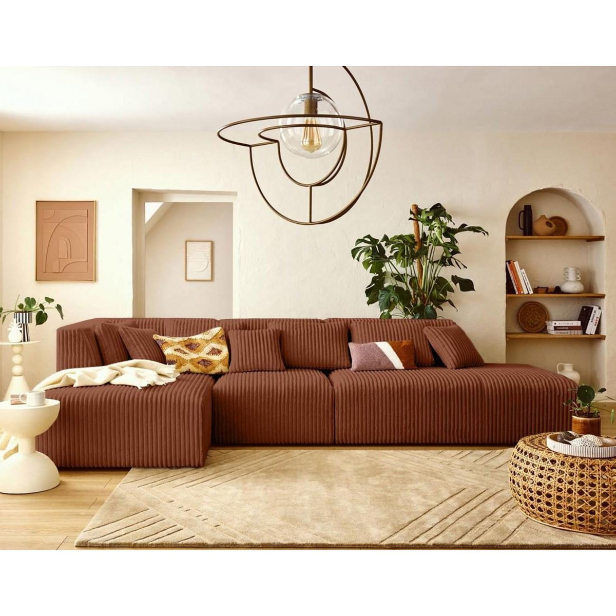 LISA DESIGN Victoire - canapé modulable d'angle gauche 5 places en velours côtelé grosses côtes