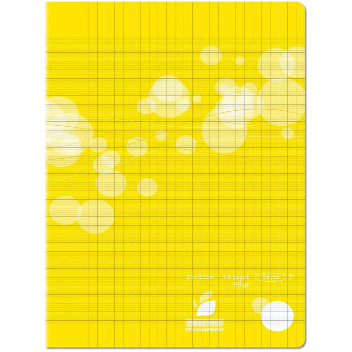 AUCHAN Cahier piqué polypro 24x32cm 96 pages grands carreaux Seyes jaune motif ronds