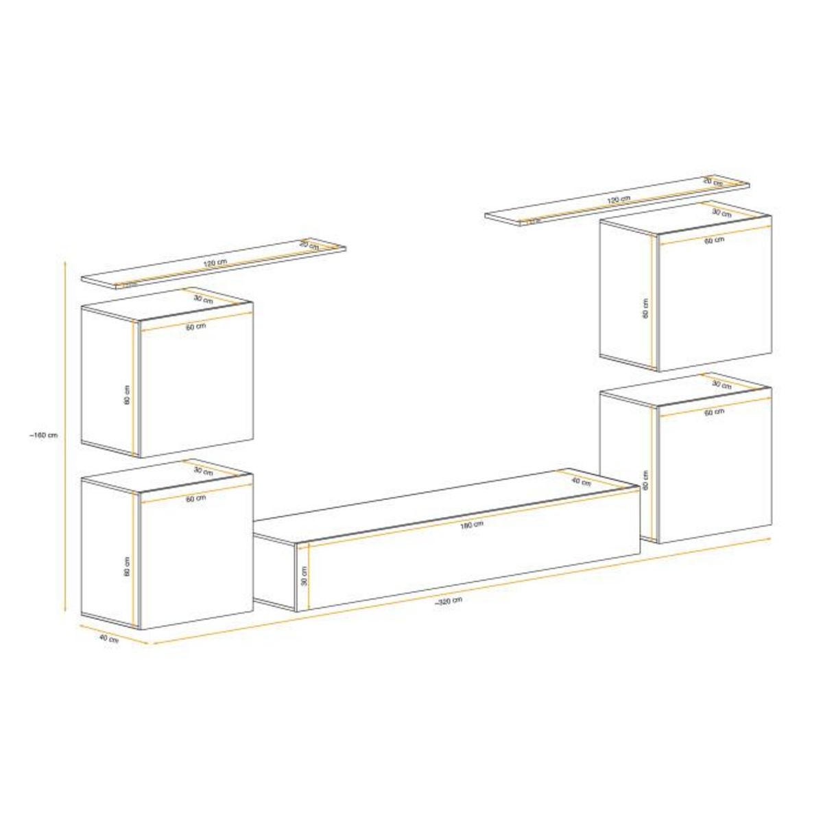 Paris Prix Meuble TV Mural Design  Switch IV  320cm Naturel & Blanc