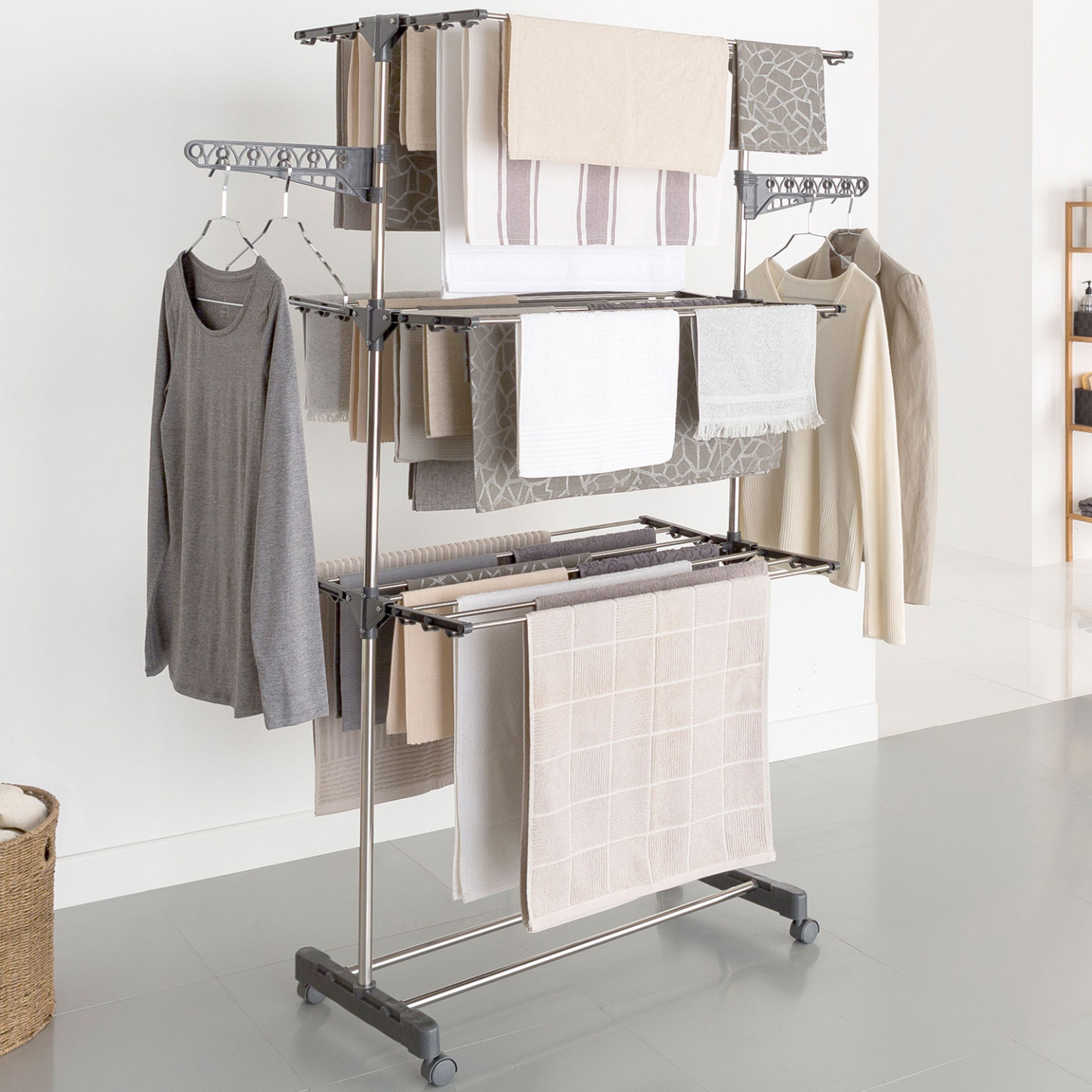 Voir la diapositive 2 : ID MARKET Séchoir à linge vertical pliable 3 niveaux maxima capacité 20m inox et gris