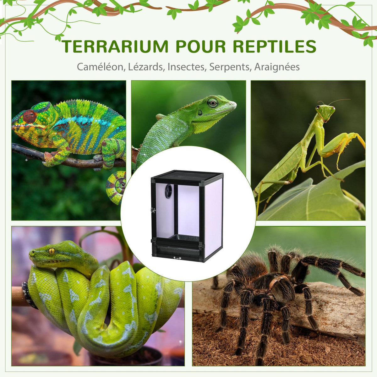 PAWHUT Terrarium vivarium boîte pour reptiles dim. 32L x 32l x 46H cm avec passe-câble, fond en ABS, plateau amovible noir blanc