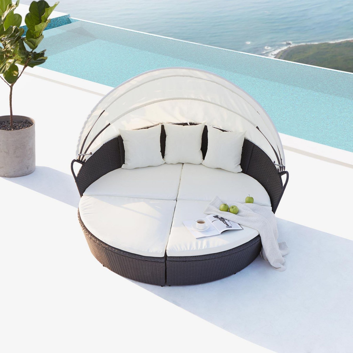 CONCEPT USINE Salon de jardin modulable 6-8 places en résine tressée noir-blanc COCOON