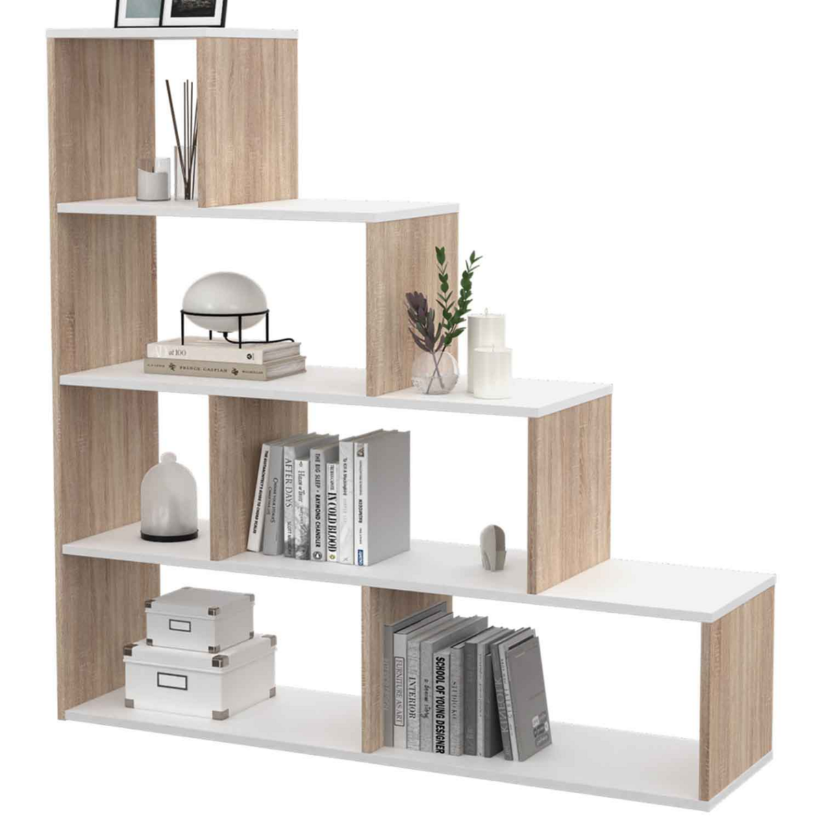 ID MARKET Bibliothèque escalier LINA bois façon hêtre et blanc