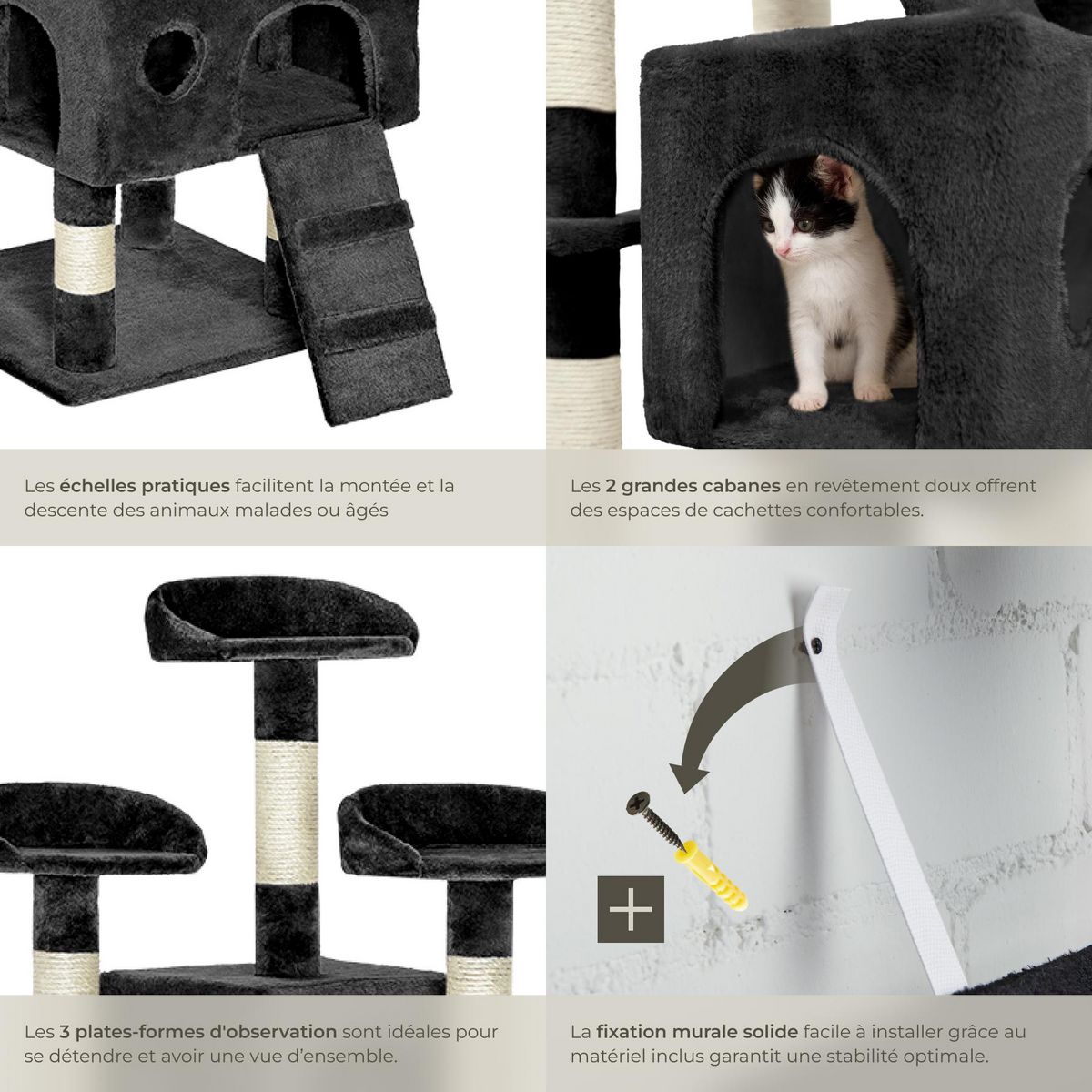 tectake Arbre à chat 170 cm avec griffoir et plateforme d'escalade noir