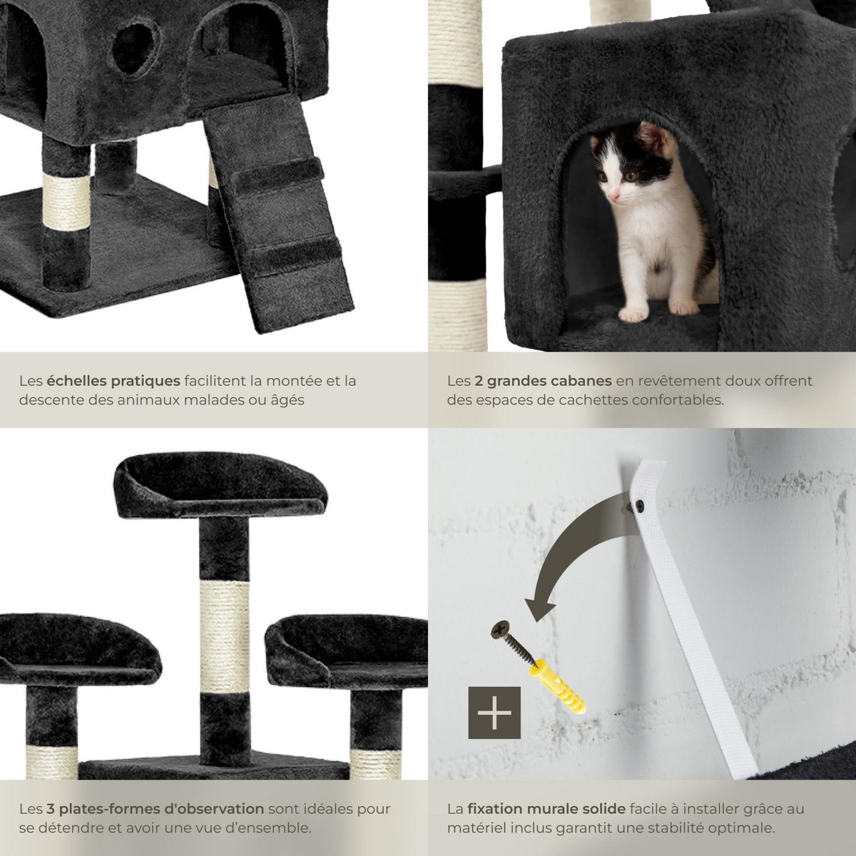 tectake Arbre à chat 170 cm avec griffoir et plateforme d'escalade noir