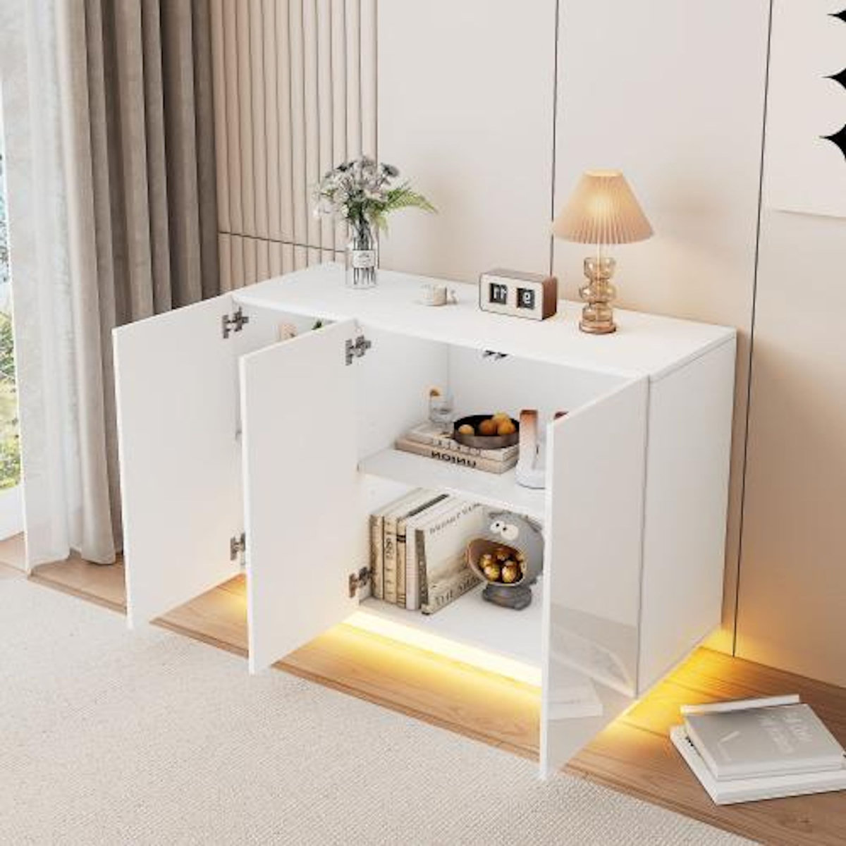 MERAX Buffet 3 porte(s) 0 tiroir(s) - 120 cm blanc led panneau de particules