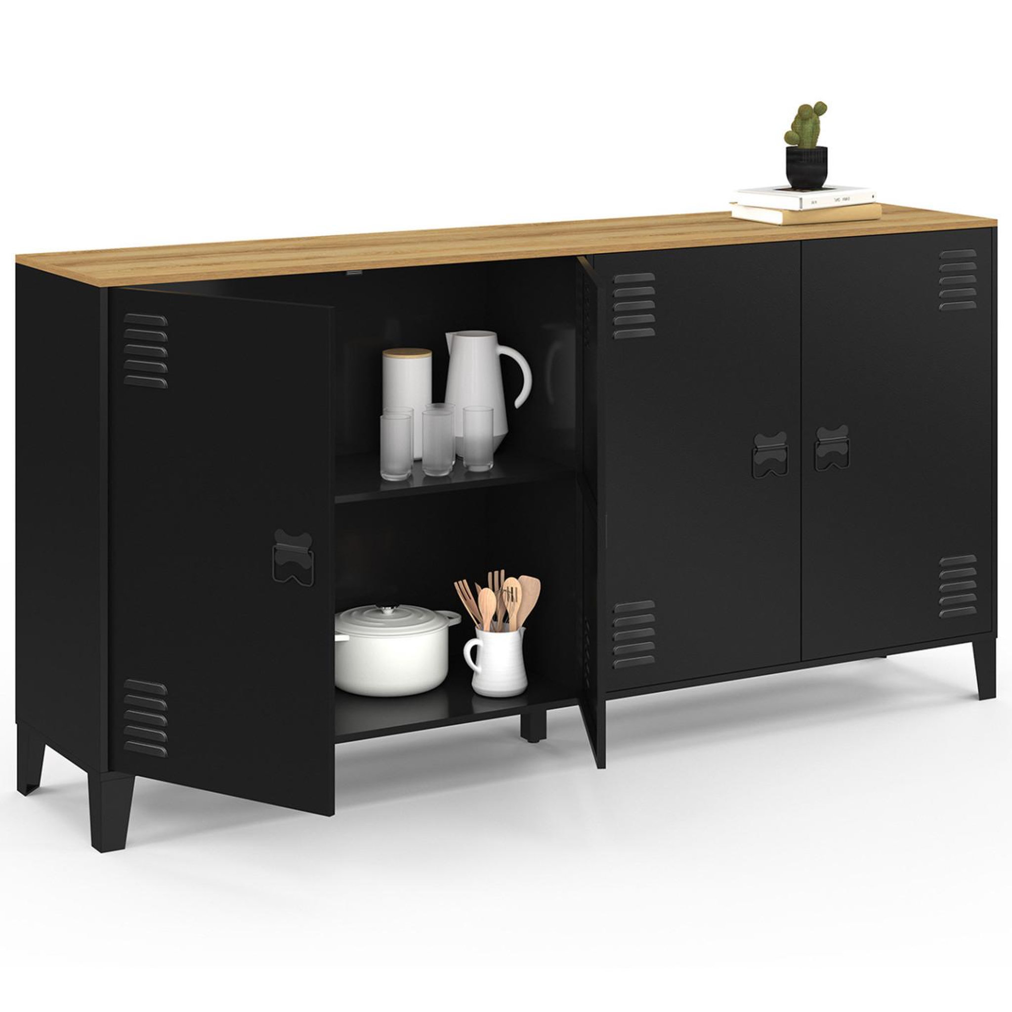 Voir la diapositive 4 : ID MARKET Buffet 160cm ester 4 portes en métal noir plateau bois design industriel