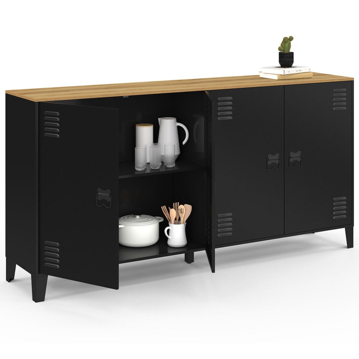 ID MARKET Buffet 160cm ESTER 4 portes en métal noir plateau bois design industriel