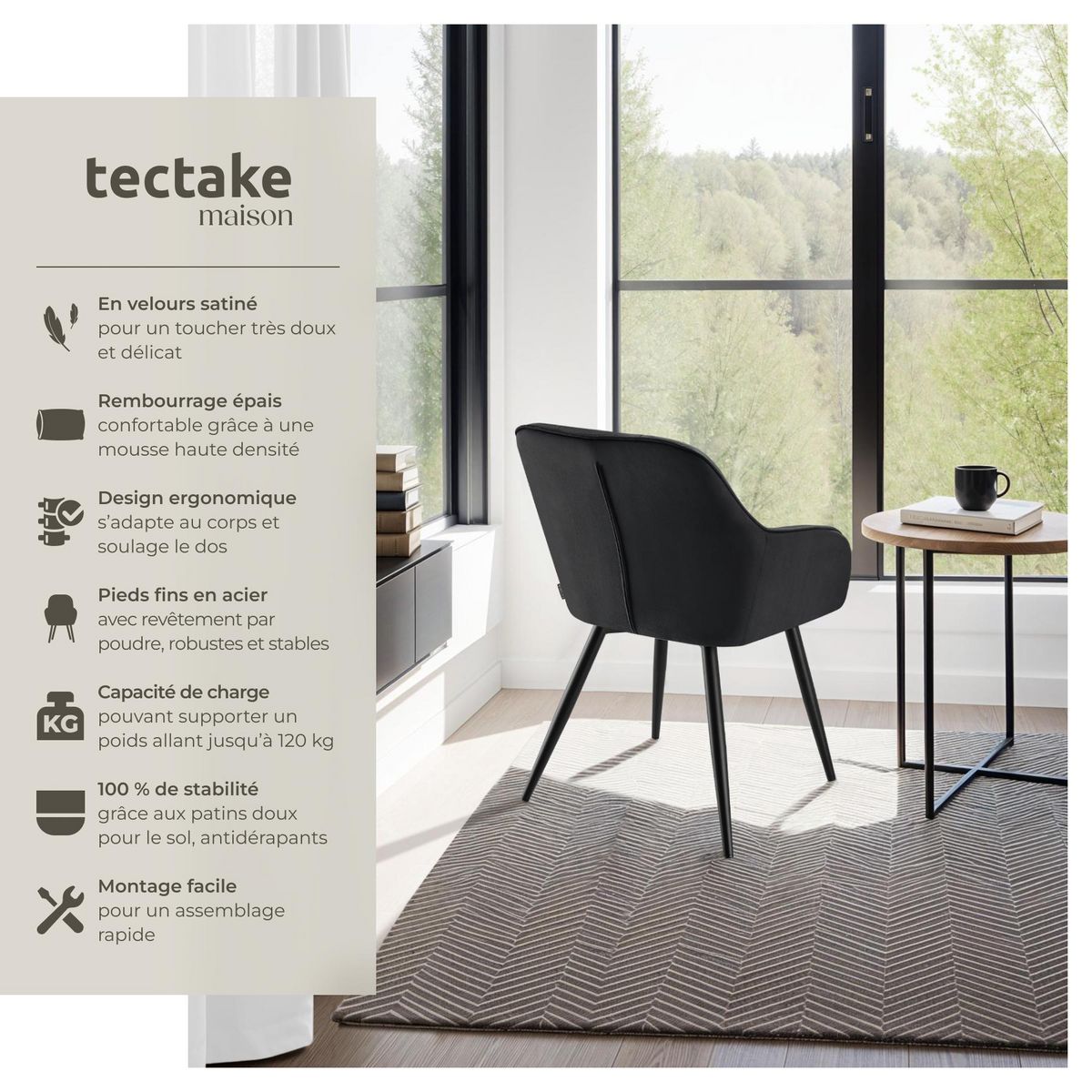 tectake Chaise de salle à manger rembourrée et en velours matelassé noir/noir Lot de 4