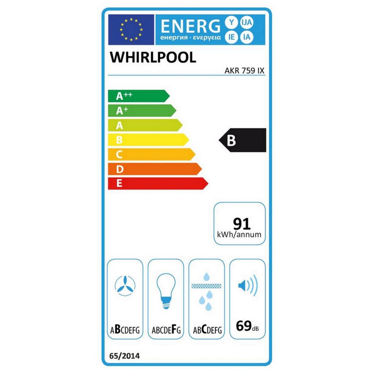 Whirlpool Hotte décorative murale 90cm 69db 713m3/h inox/noir - akr759/1ix
