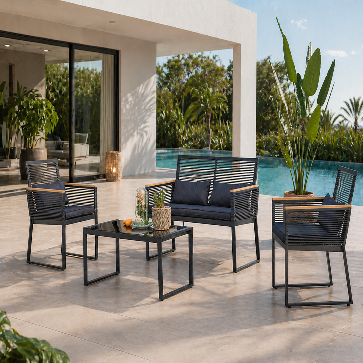 CONCEPT USINE Salon jardin bas noir bois MIHATA