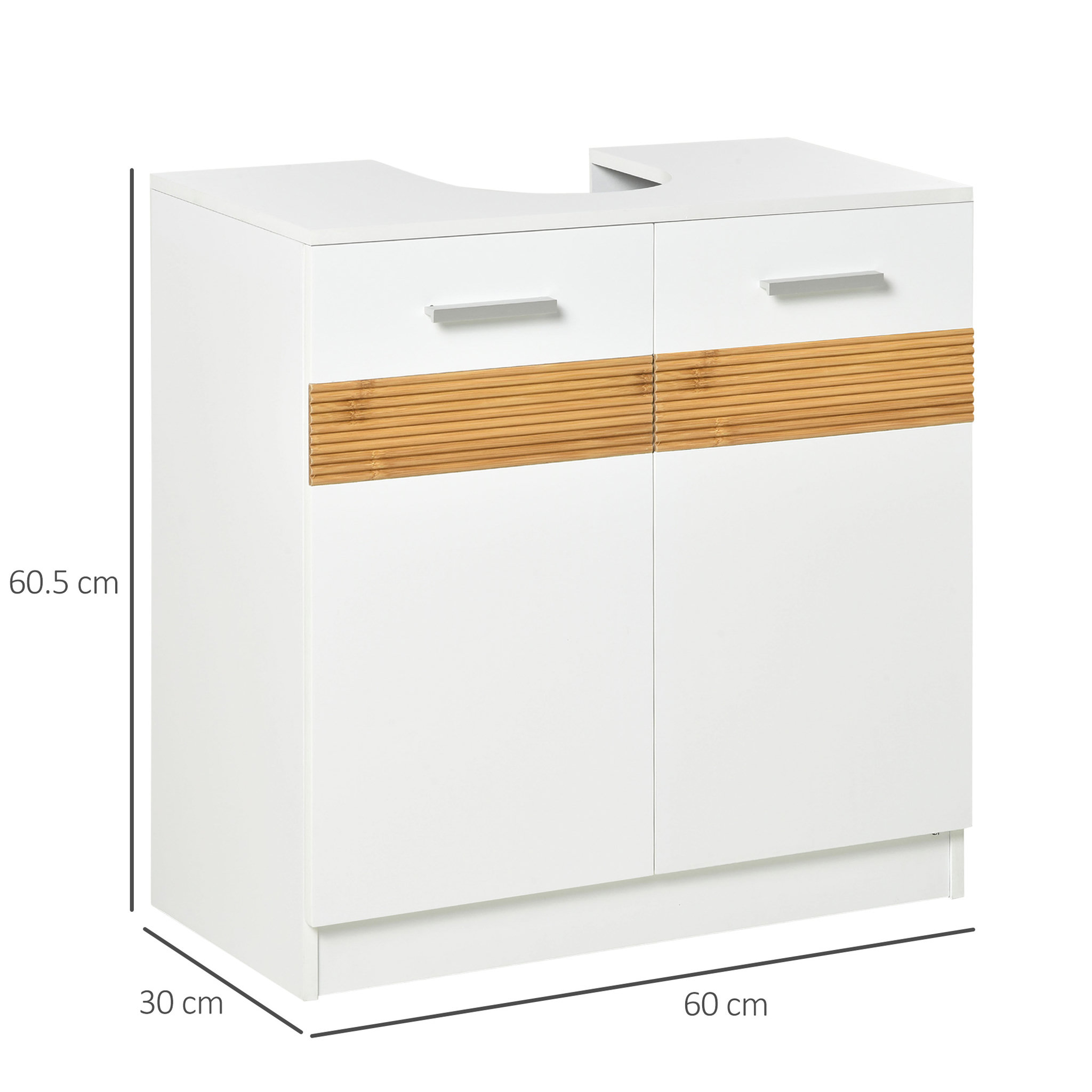 Voir la diapositive 3 : KLEANKIN Meuble vasque style cosy chic bandeau 10 bambous placard 2 portes avec étagère MDF dim. 60L x 30l x 60,5H cm blanc