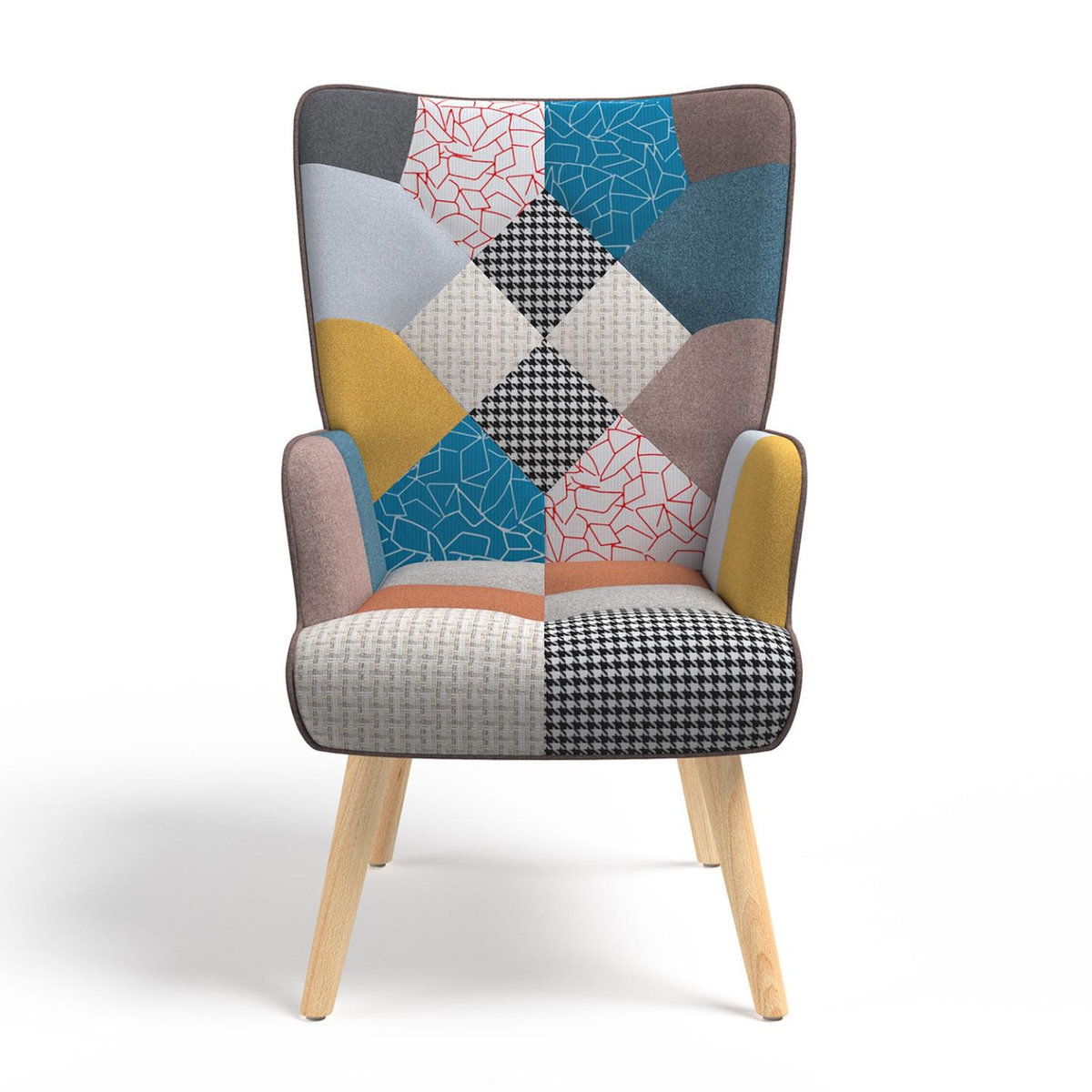 ID MARKET Fauteuil scandinave IVAR avec repose pieds en tissu patchwork multicouleurs