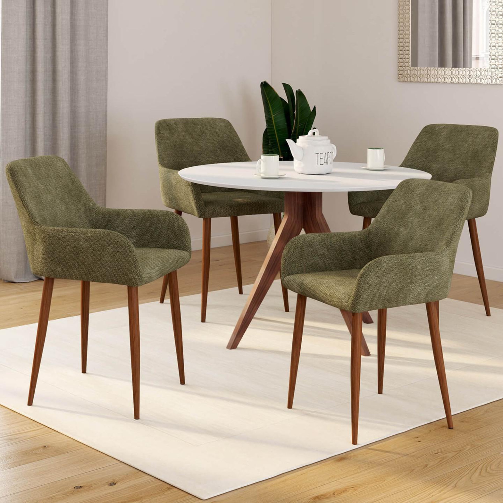 Voir la diapositive 2 : ID MARKET Lot de 4 chaises RORY en tissu chenille verte pieds noyer pour salle à manger