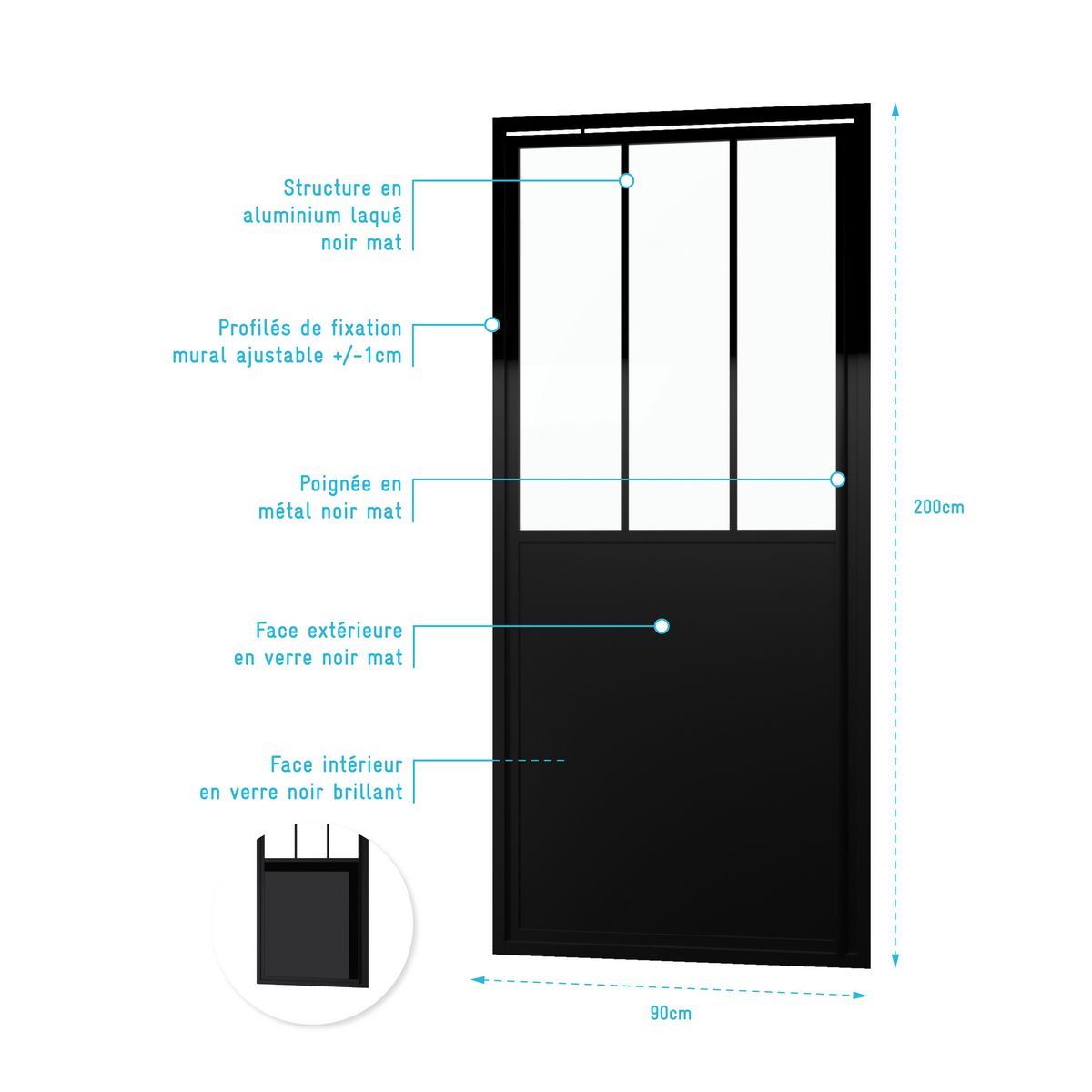 Aurlane Porte de douche FABRIK 90 PIVOTANTE 90 X 200 X 6 cm