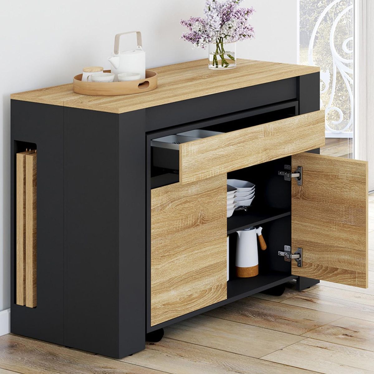 ID MARKET Table buffet extensible ORLANDO 10 personnes bois et noir 235 cm
