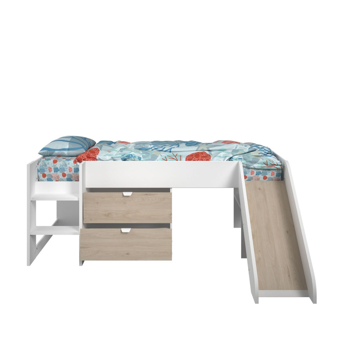Lit enfant mi hauteur 90x200cm avec rangement et toboggan TIBO