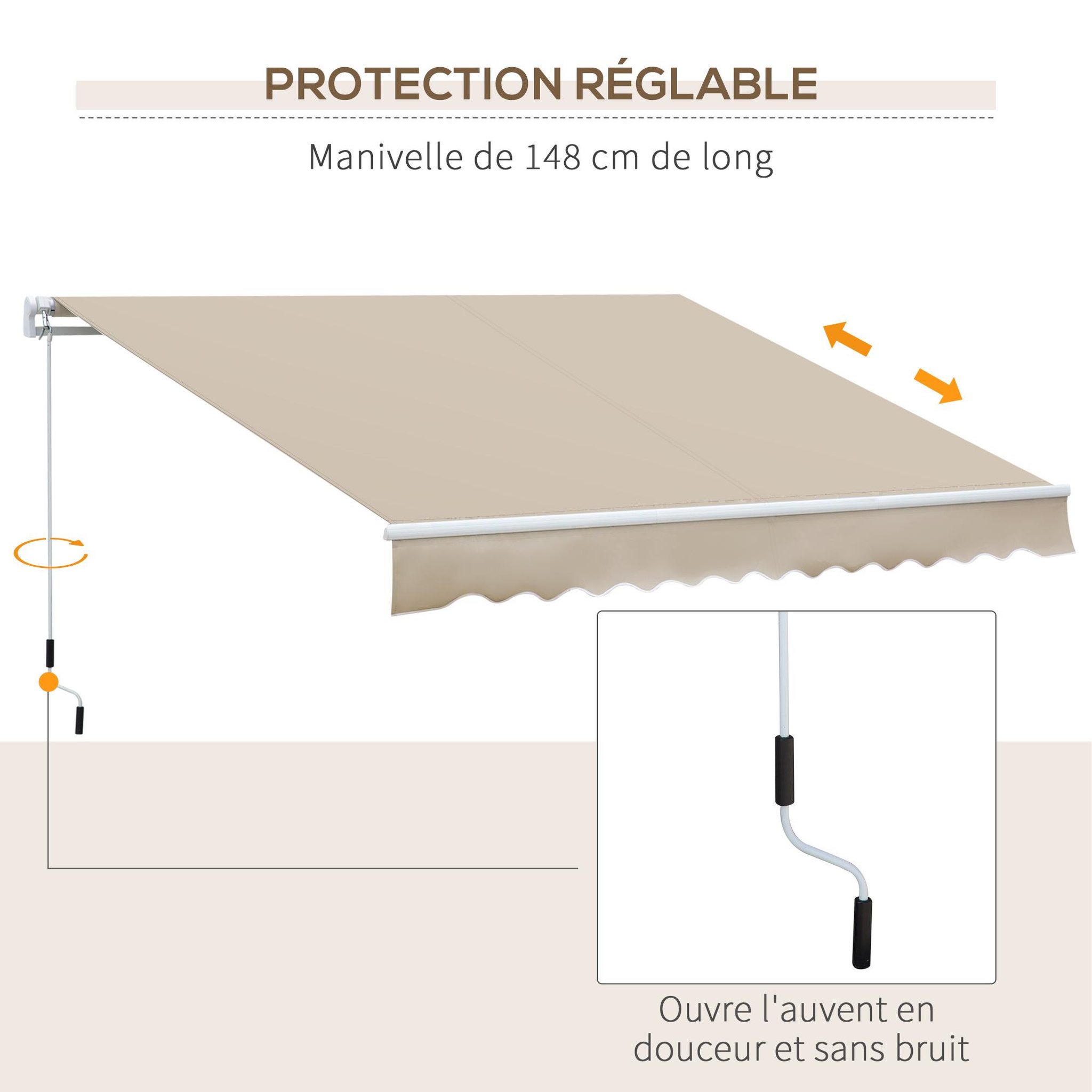 Voir la diapositive 6 : OUTSUNNY Store banne manuel rétractable aluminium polyester imperméabilisé 3,5L x 2,5l (avancée) m beige
