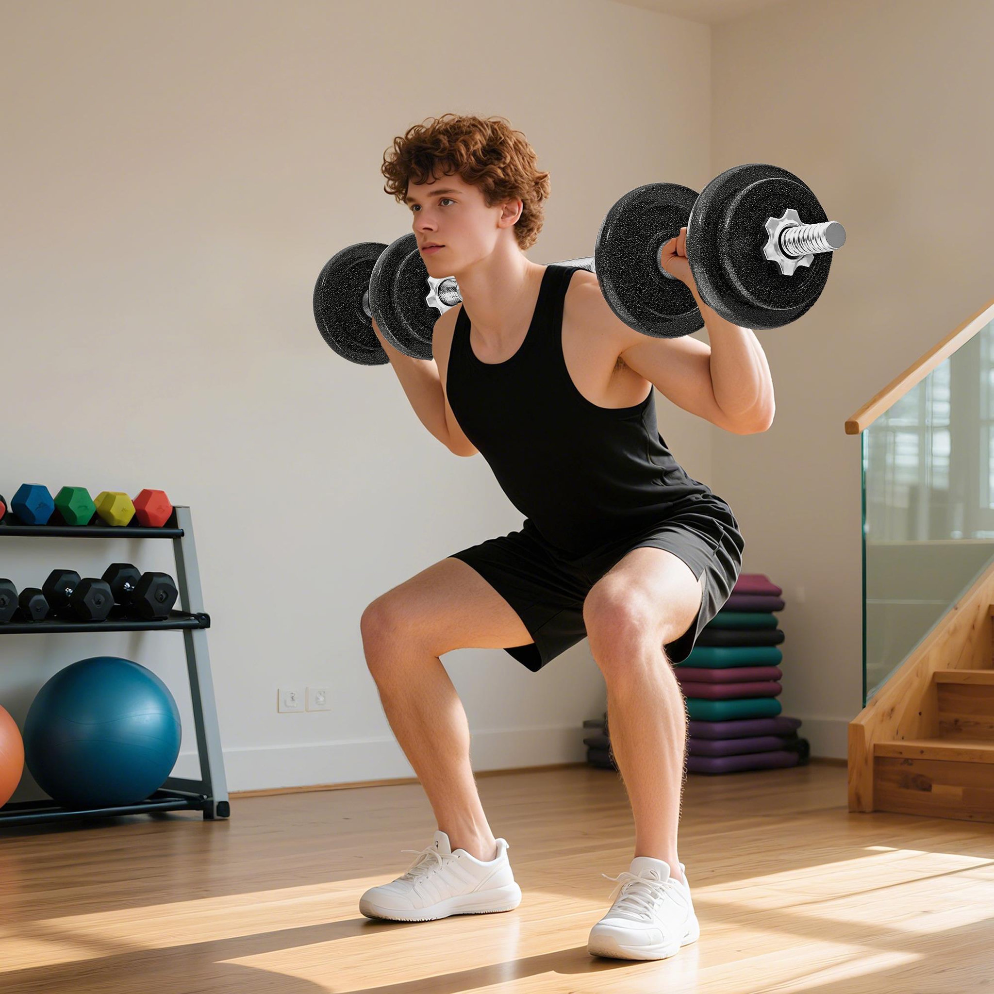 Voir la diapositive 2 : HOMCOM Ensemble d'haltères barre de musculation 2 en 1 - total 20 kg - acier gris