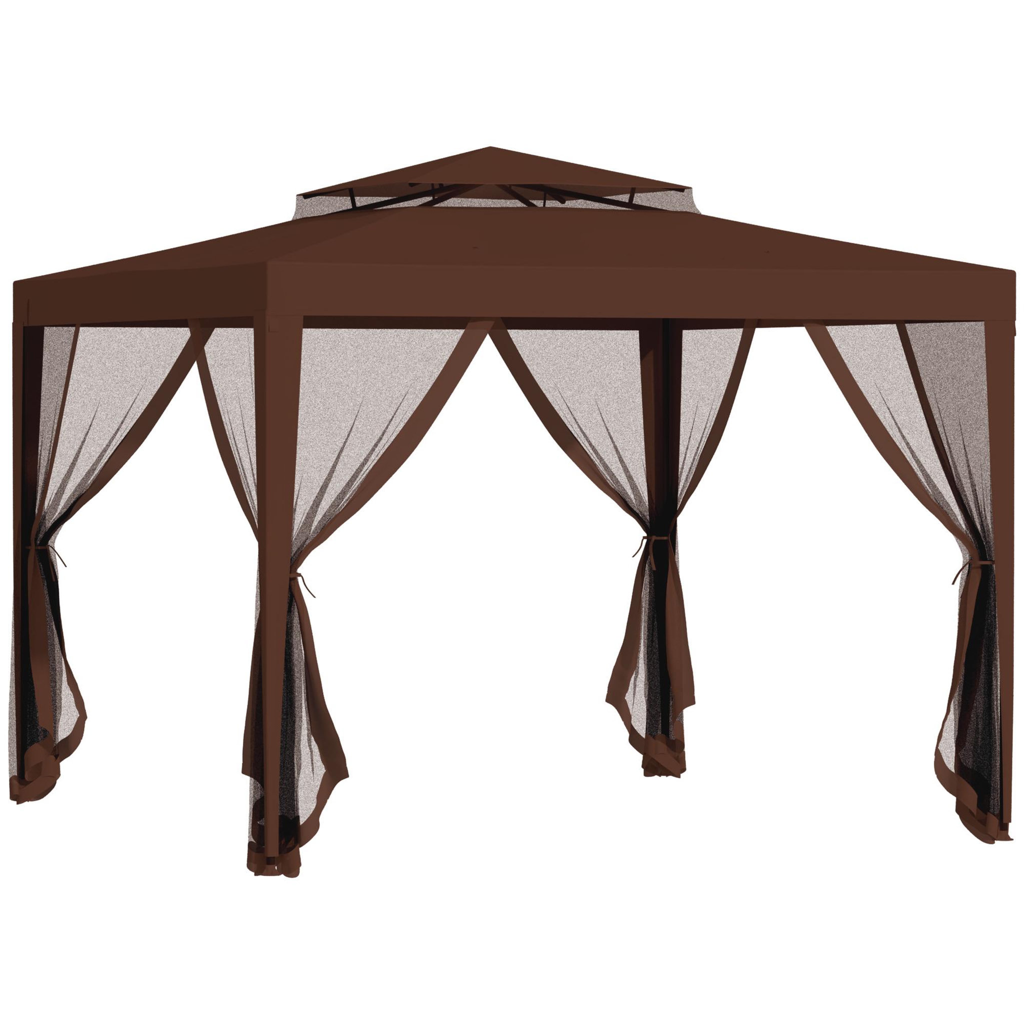 OUTSUNNY Tonnelle barnum de jardin 3L x 3l m avec 4 moustiquaires amovibles - double toit - métal polyester marron