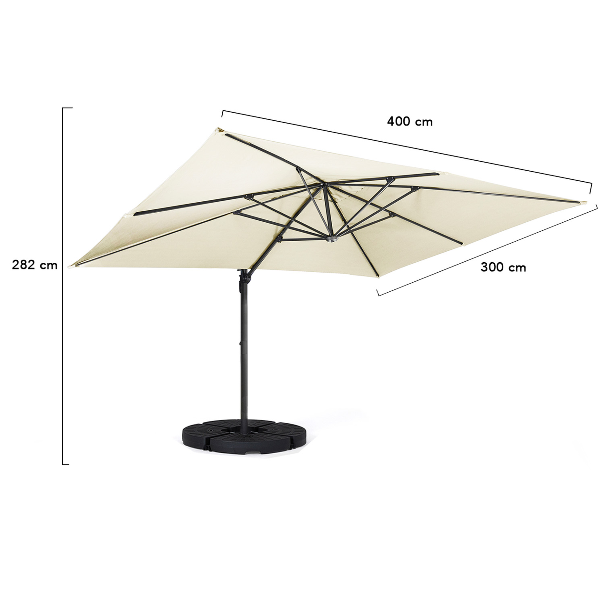 Voir la diapositive 6 : ID MARKET Parasol déporté inclinable rotatif 360 calvi écru 3x4 m avec 4 dalles et housse