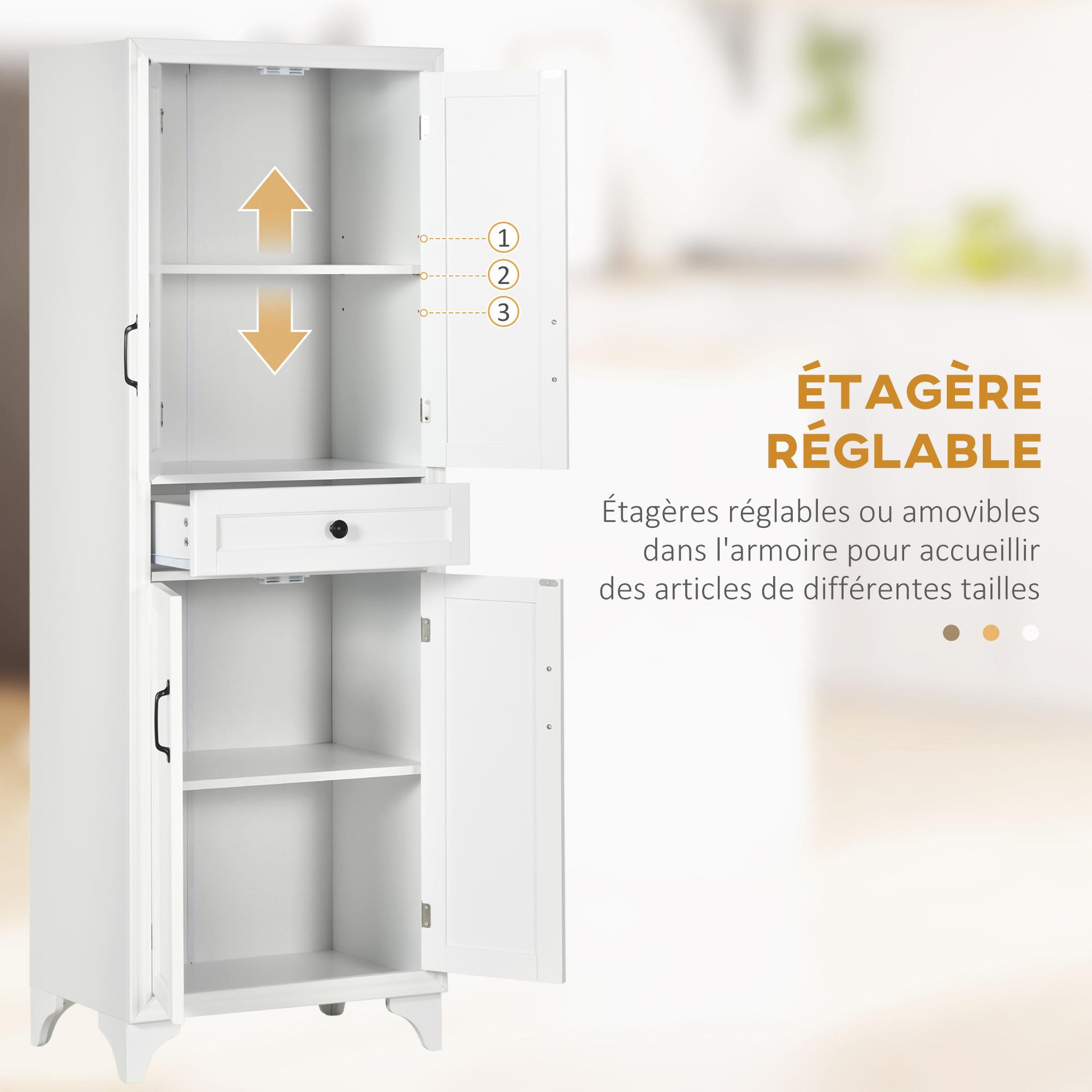 Voir la diapositive 5 : HOMCOM Buffet haut 4 portes 2 étagères tiroir coulissant MDF blanc