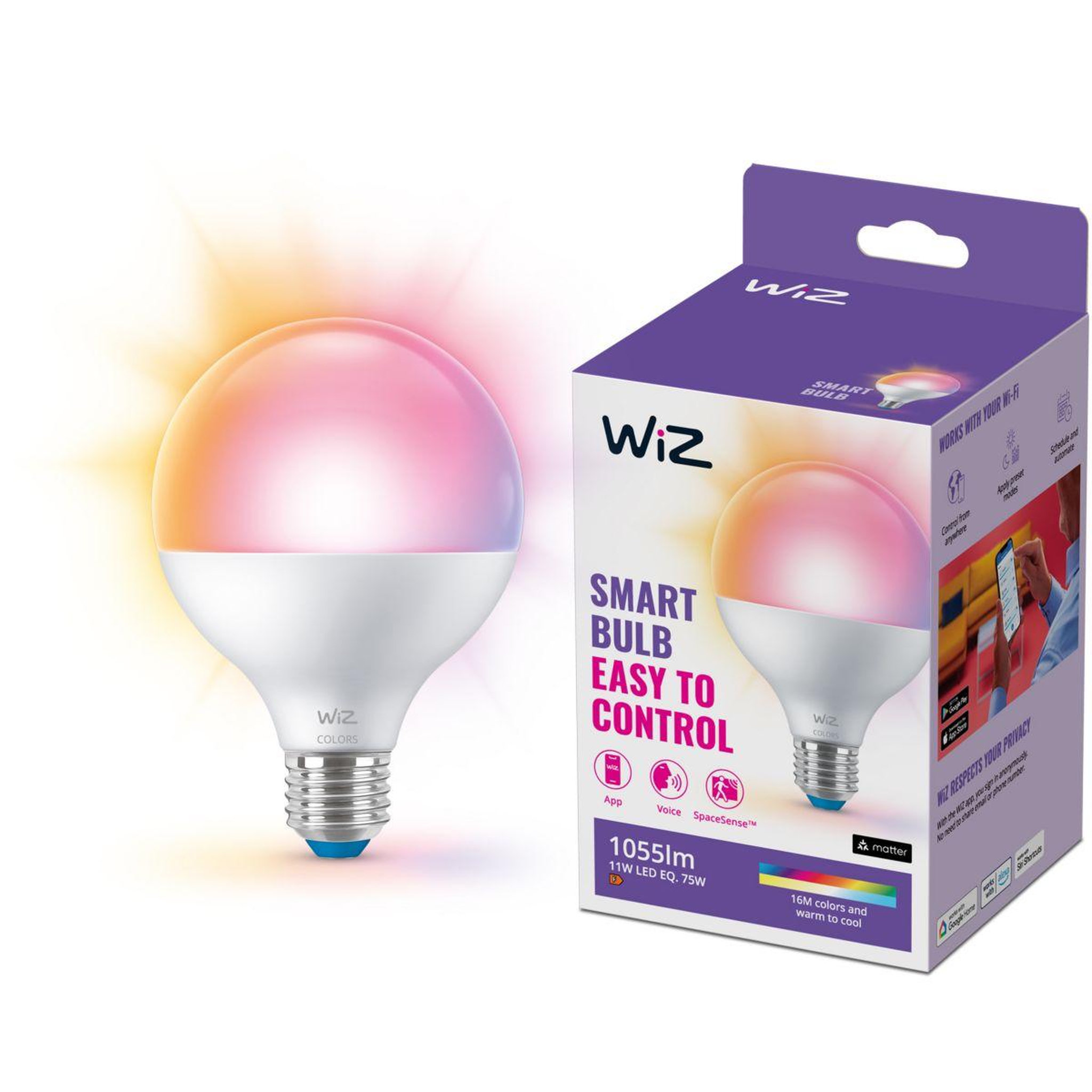 Voir la diapositive 3 : WIZ Ampoule LED connectée Couleur E27 G95 Globe 75W
