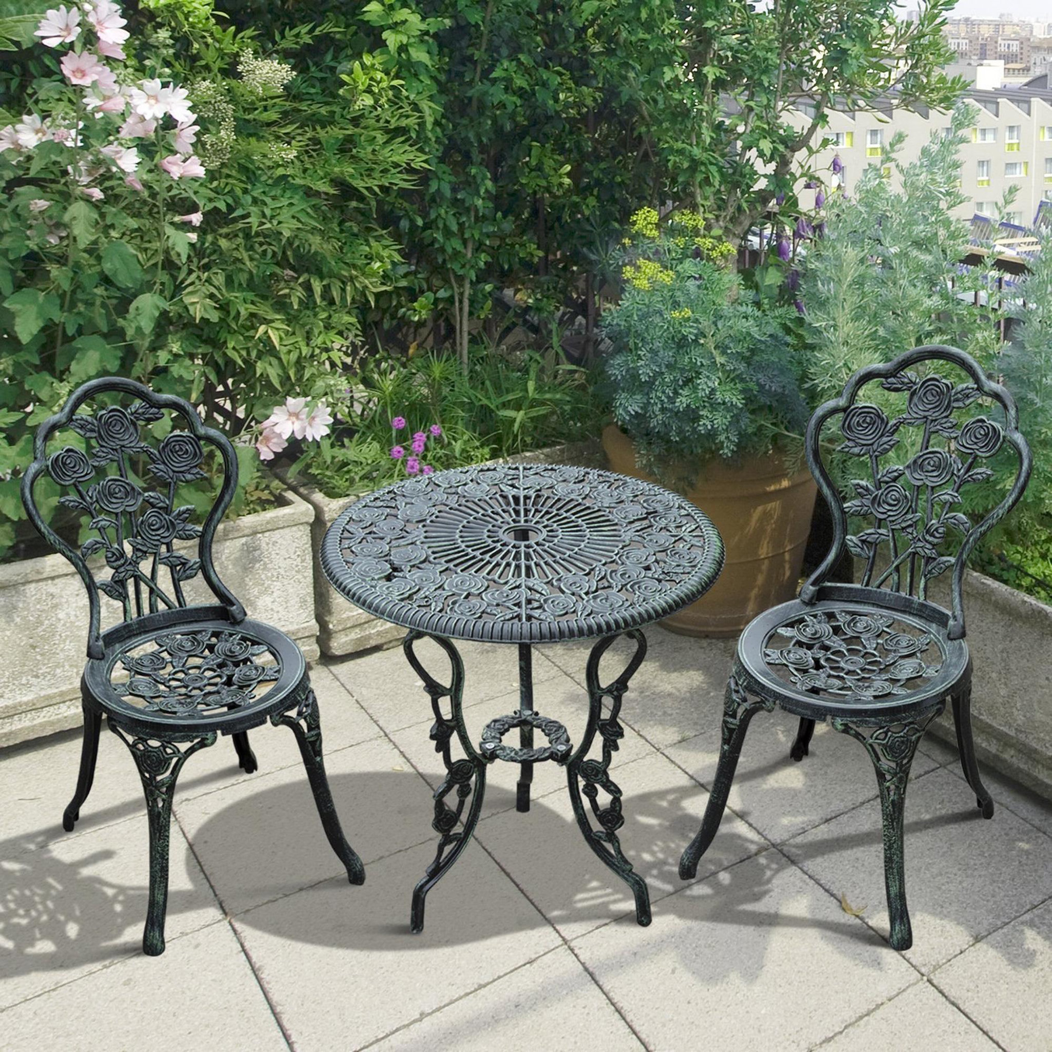 Voir la diapositive 2 : OUTSUNNY Ensemble salon de jardin 2 places 2 chaises + table ronde style néo-rétro motif rose lignes fuselées fonte d'aluminium vert vieilli