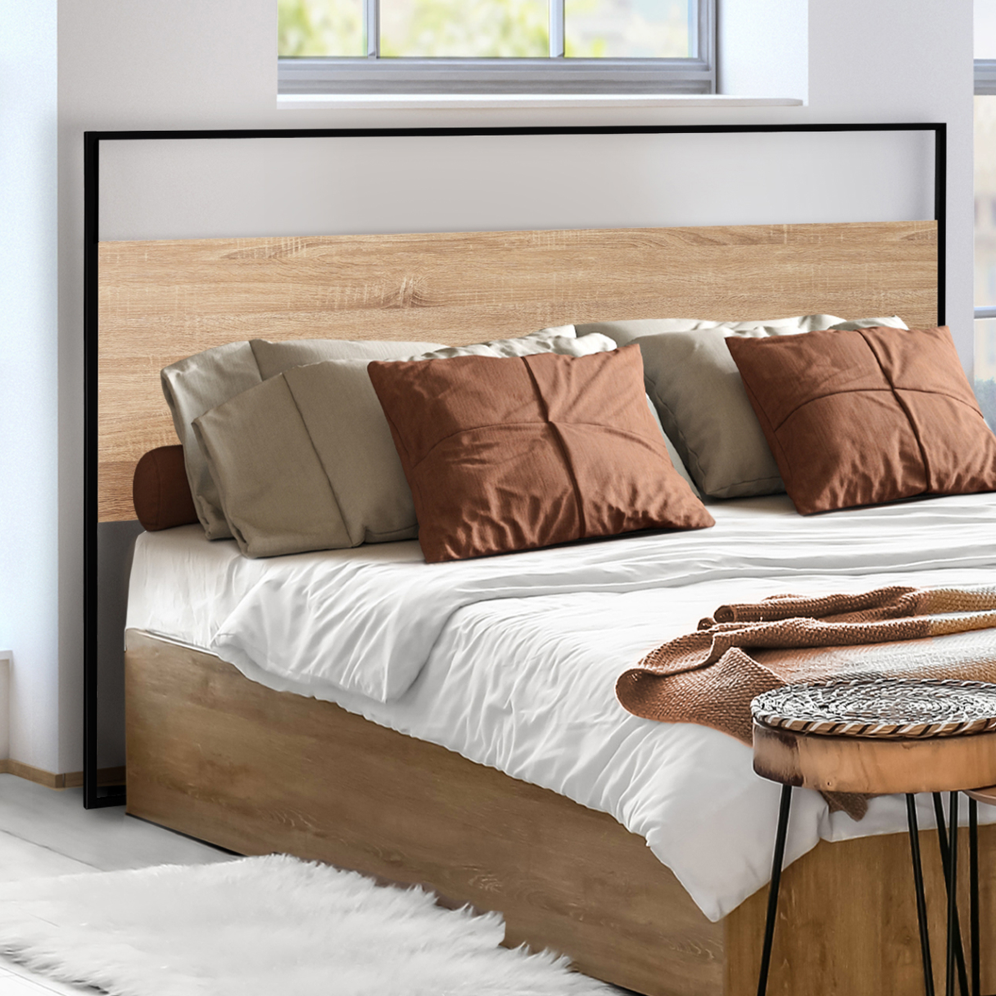 Voir la diapositive 2 : ID MARKET Tête de lit avec fixations murales detroit 145 cm bois et métal noir design industriel